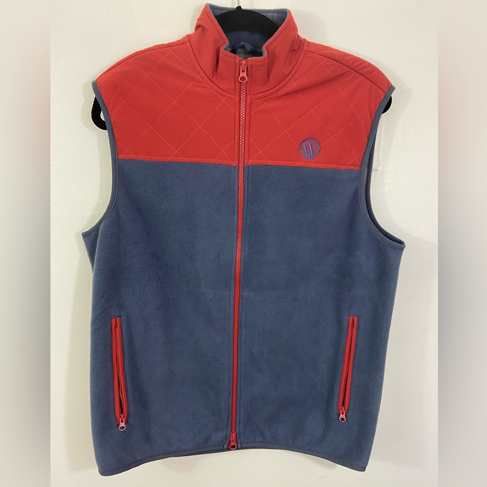 Johnnie O Vest Mens Medium Red Blue Full Zip Fleece Jacket Morrison Golf Stretch